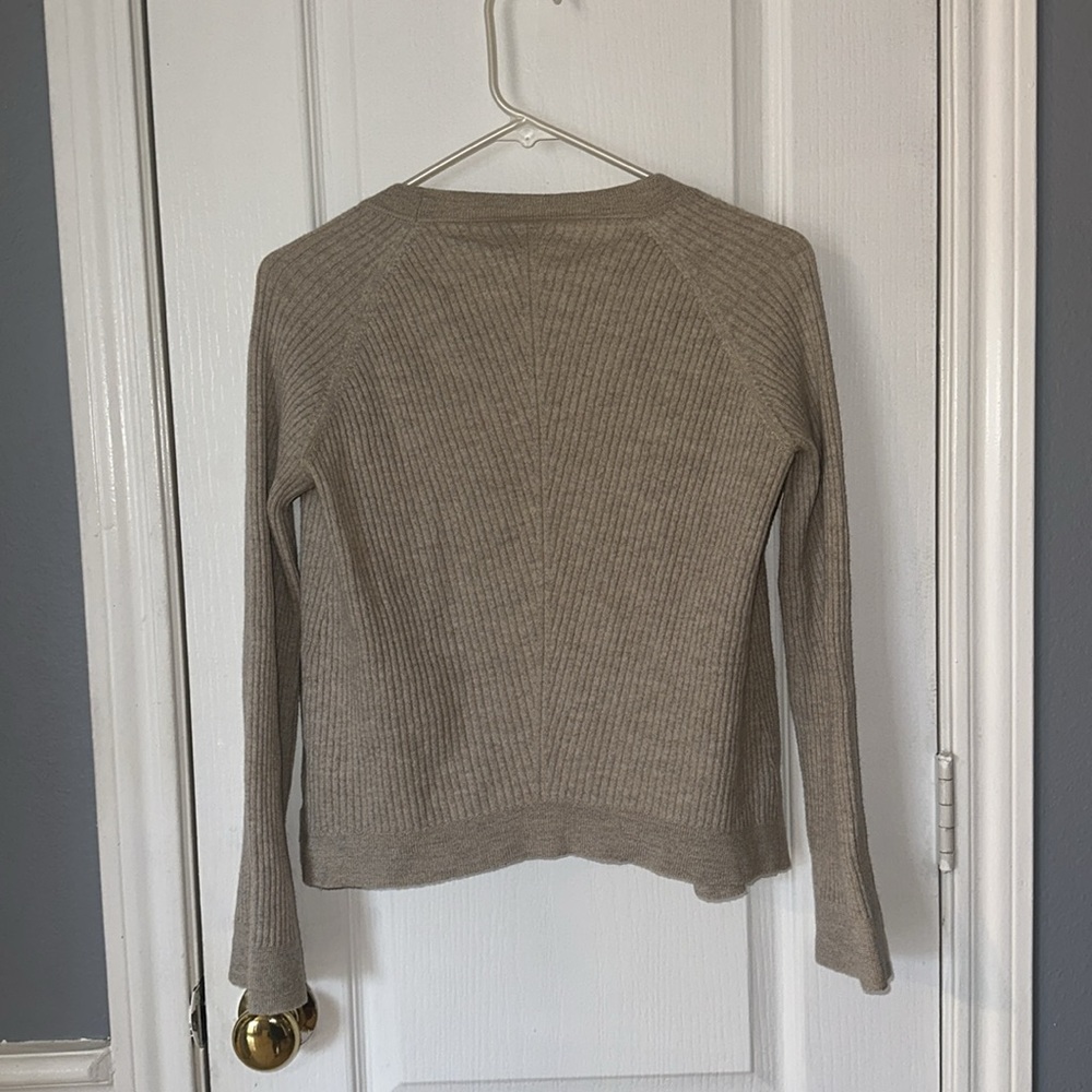Amour Vert Light Taupe Wool Ribbed Knit Open Front Cardigan Sweater SZ Medium - Picture 3 of 10